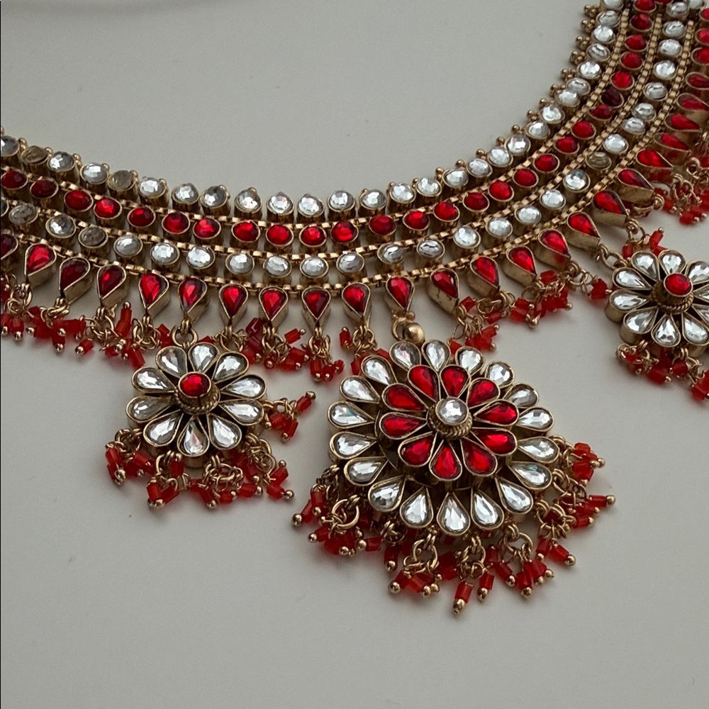 Exquisite Floral Necklace Set in Red and Gold